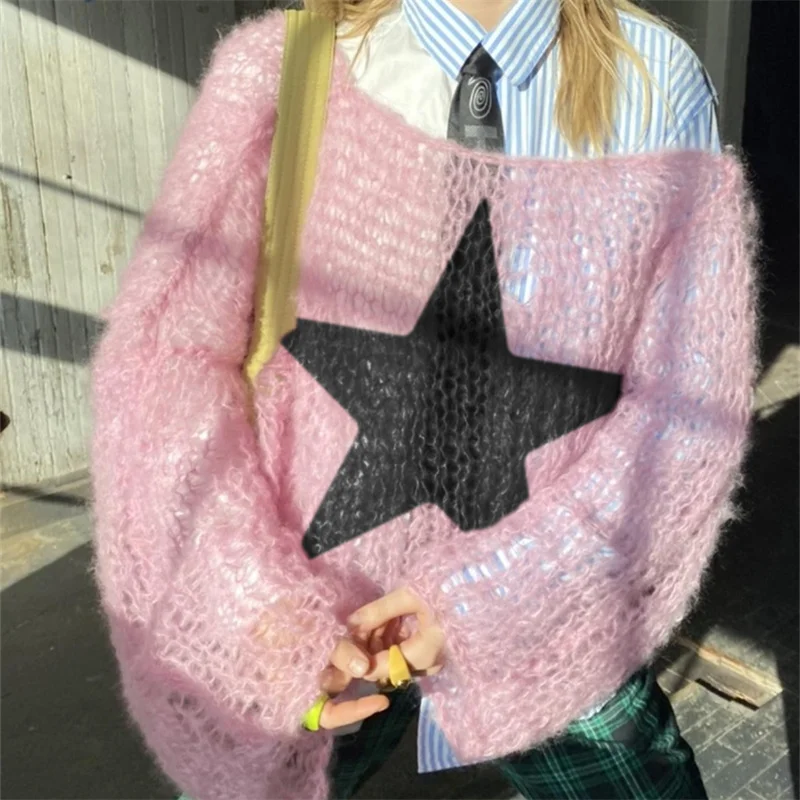 

Oversized Hollow Out Knit Sweaters Women Grunge Harajuku Streetwear Loose Long Sleeve Round Neck Pullover Tops Casual Jumpers