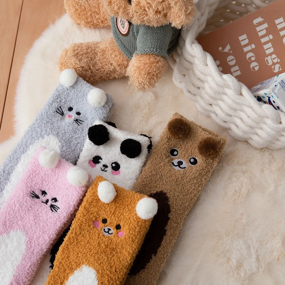 5 Pairs New Cute Pet Animal Women Home Floor Socks Cartoon Embroidered Coral Fleece Socks Fuzzy Cat Dog Sleeping Socks