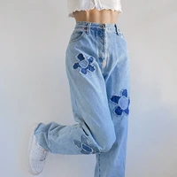torn flower patchwork y2k mom jeans womens loose high waist straight leg denim trousers beautiful casual overalls streetwear