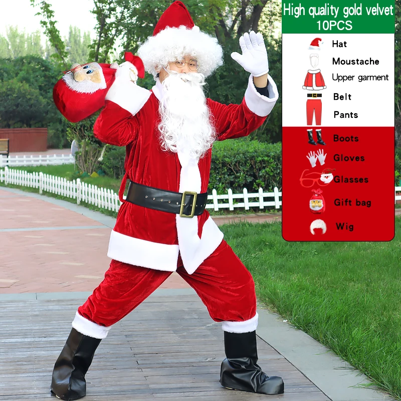 

9pcs/lots Christmas Santa Claus Costume Beard Hat Men Cosplay Velvet Clothes Fancy Dress New Year Suit for Adults 3XL-6XL