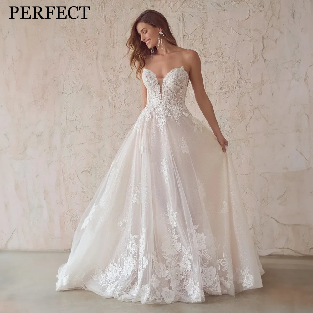 

PERFECT Wedding Dresses For Woman Classic A-line Sweetheart Sleeveless Appliques Lace Tulle Open Back Custom Made Robe De Mariée