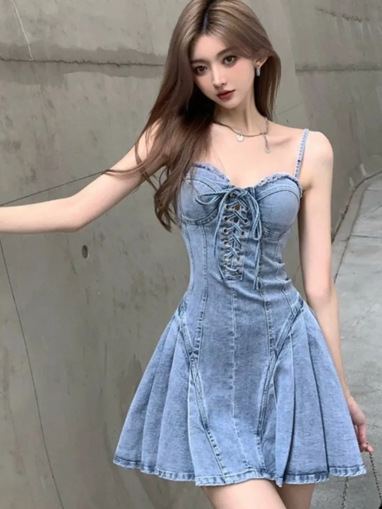 

Милое Бандажное Плиссированное мини-платье для женщин на лето, пикантное корейское шикарное приталенное модное женское платье на тонких бретелях Y2K