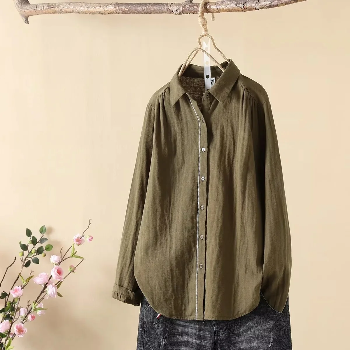 

Рубашка женская двухслойная из хлопчатобумажной пряжи, блузка болотного цвета с длинным рукавом в японском стиле, мягкая базовая одежда на осень