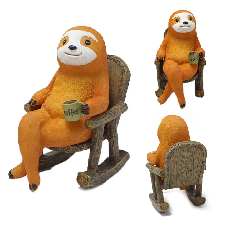 

Garden Rocking Chair Sloth Drinking Coffee Creative Sloth Statue Relaxing on Rocking Chair Indoor Outdoor Home Table Decoration