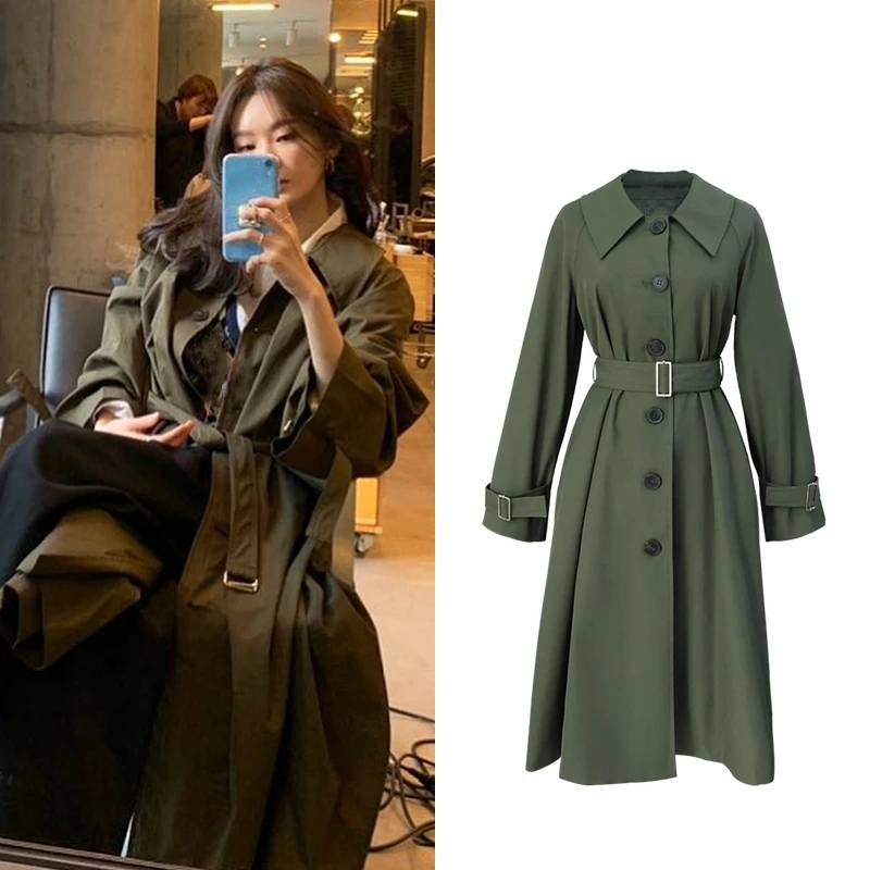 

Женский однобортный тренчкот Kpop, длинный тренчкот с отложным воротником в стиле Звезд, уличная ветровка в Корейском стиле, зима 2022