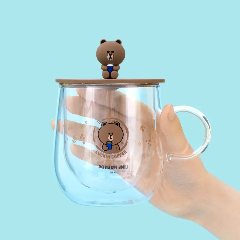

Line Friends Brown Cartoon Kawaii Double Layer Glass Anti-Scalding Super Cute Portable Anime Peripherals Cup with Lid Girl Gift