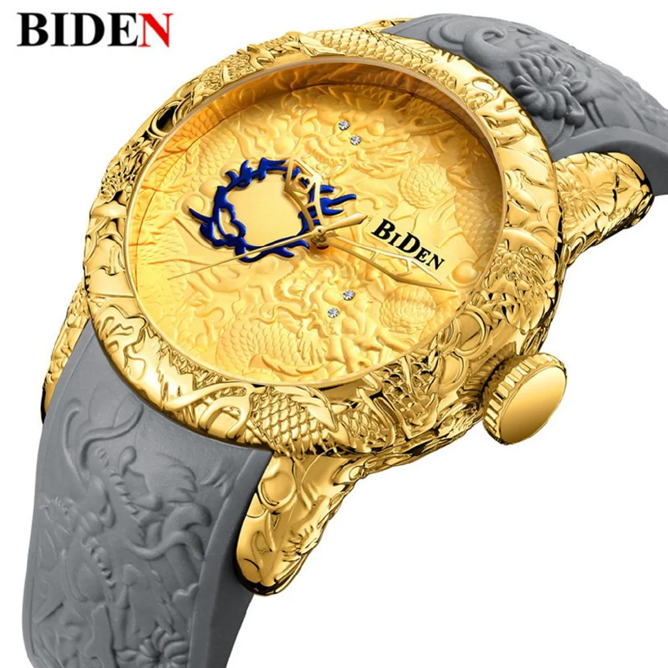 

BIDEN Luxury Brand Men's Watches 3D Engraved Dragon Big Dial Quartz Wristwatch For Man Watch Silicone Strap Relogio Masculino