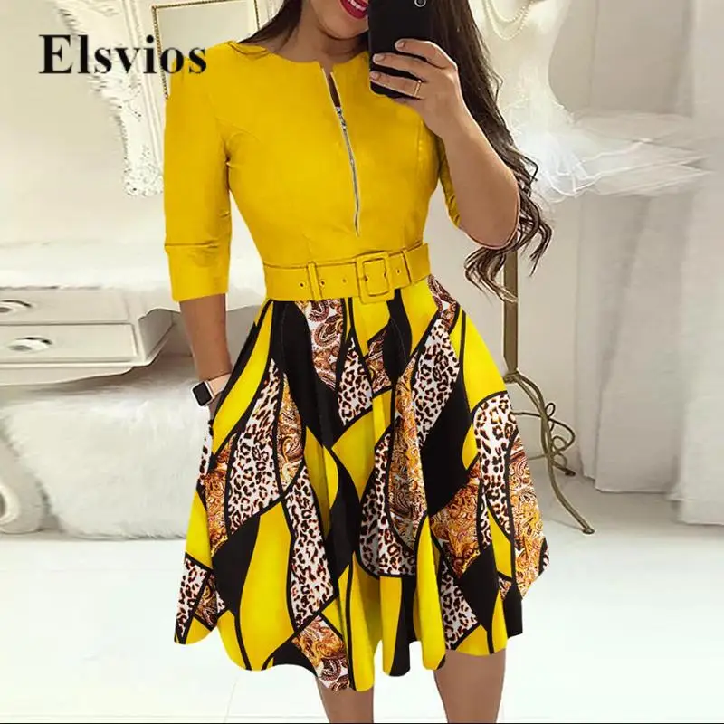 

Eelgant O-Neck Half Sleeve Party Dress Autumn Casual Women Pleat Belted A-Line Dress Fashion Retro Leopard Print Commuting Dress