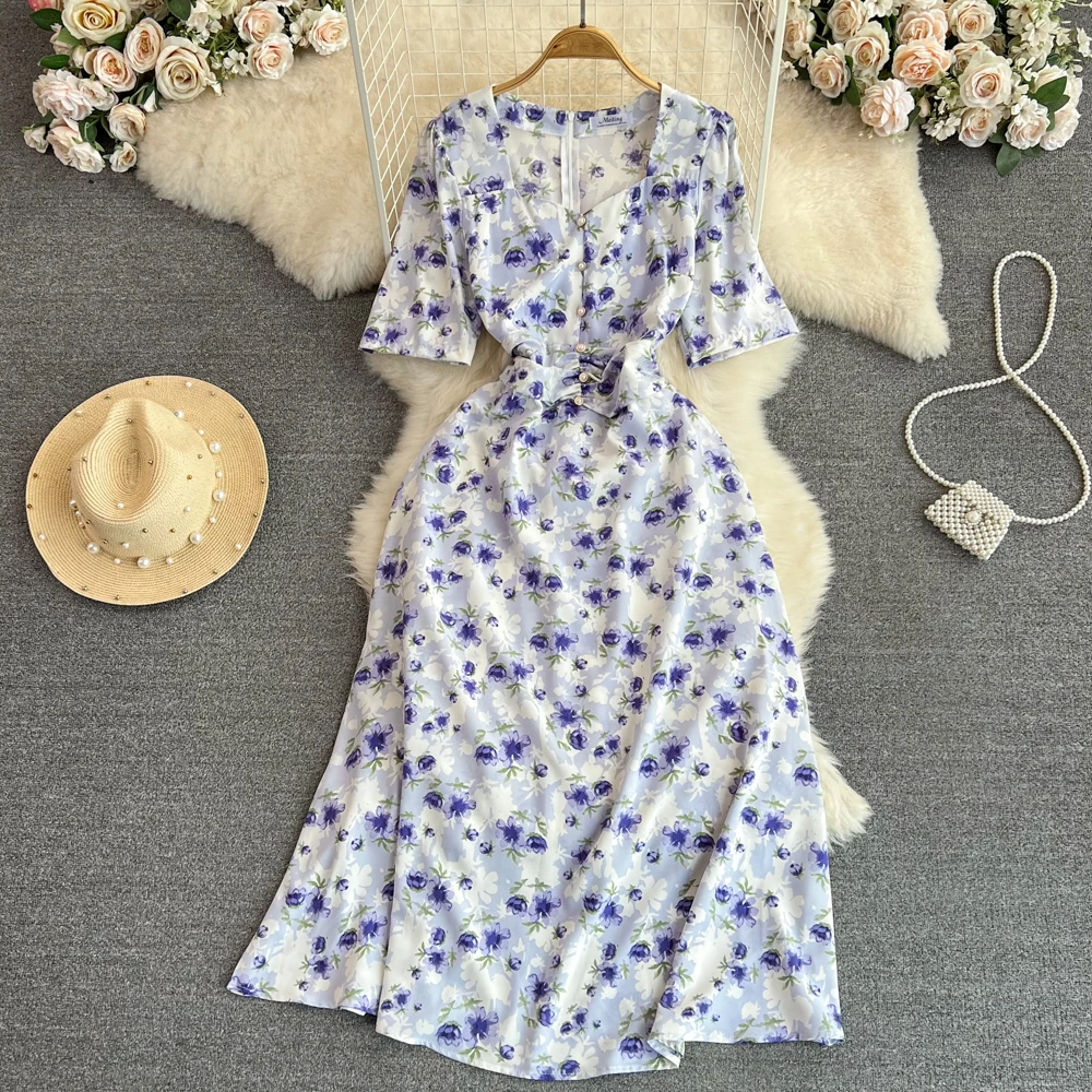 

Шифоновое пляжное платье с цветочным принтом, женское модное облегающее платье-трапеция с квадратным вырезом и молнией для отпуска в Корейском стиле, длинное летнее платье