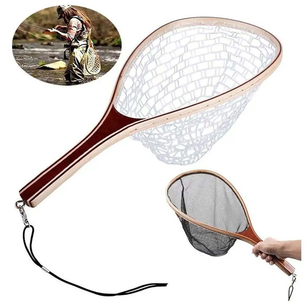 Enlarge Fly Fishing Landing Net Portable Lightweight Rubber Net With Wooden Handle Fly Fishing Gear Accessories