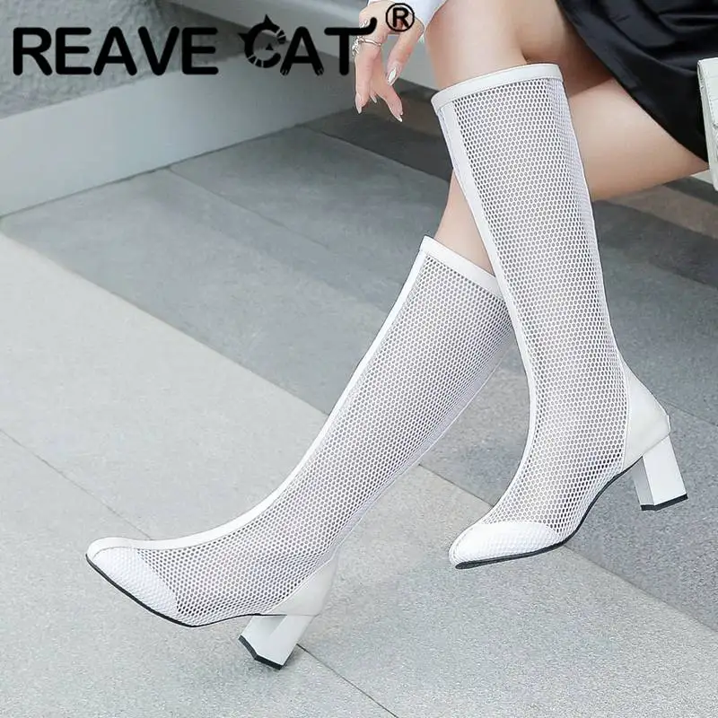 

REAVE CAT Design Shoe Women Boots Knee-high 35cm Block Heel 6cm Zipper Breathable Mesh Summer Booty Concise Dating Large Size 45