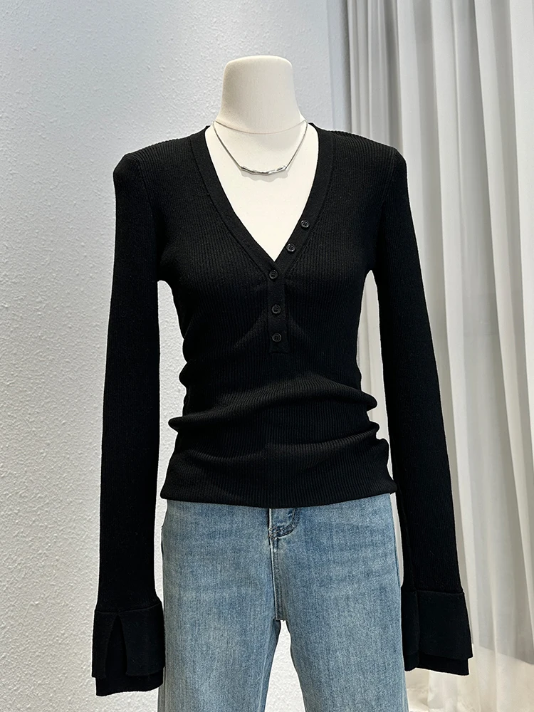 Корейская серия трикотажная женская рубашка с v-образным вырезом и длинными