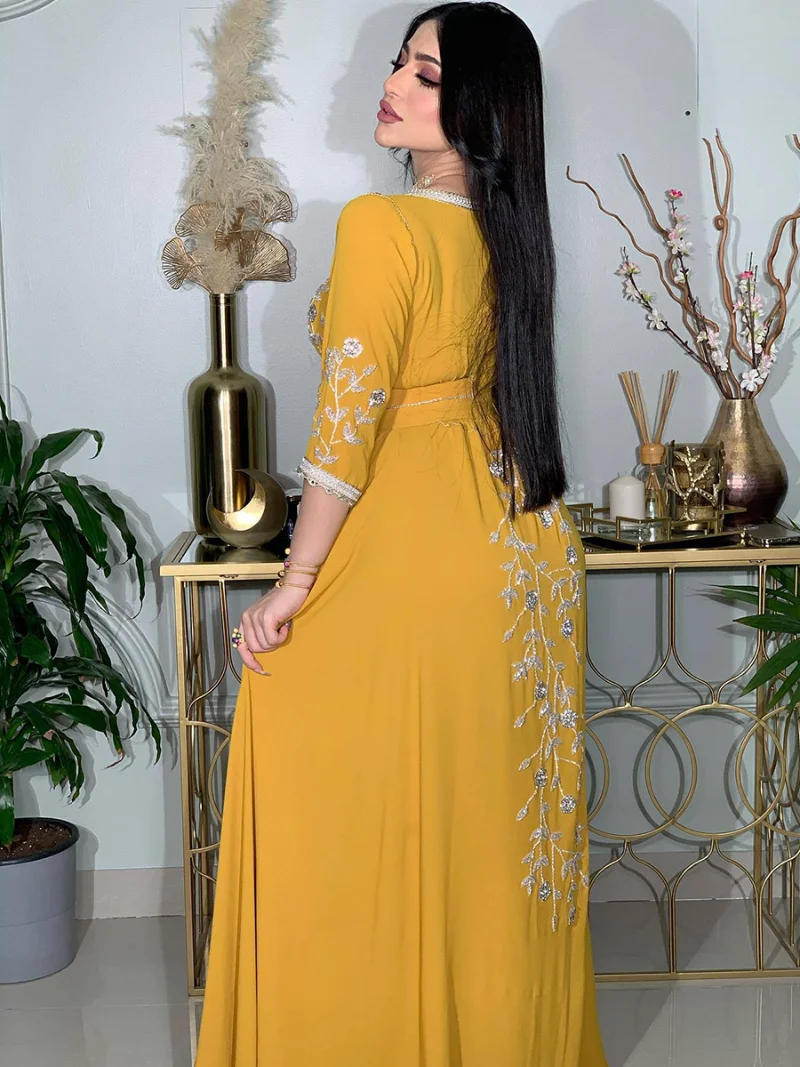 Gulf Women Jalabiyat 2023 Diamonds Lace Tape Belted Kaftan Long Dresses Ramadan Gorgeous Party Style Muslim Women Clothing