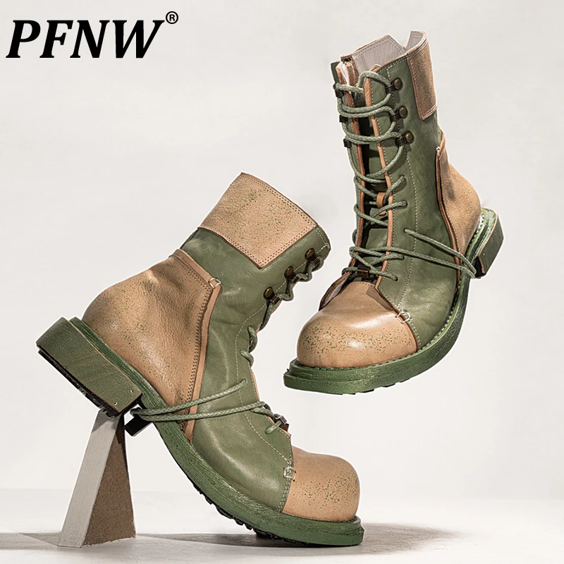 

PFNW Spring Autumn New Men's Fashion Lace-up Breathable Patchwork Leather Martin Boots Trendy Safari Style Vintage Shoes 12A7909