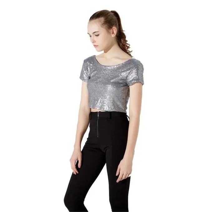 

Summer Regular Crew neck Pullover Short Sleeve Other Sequined T-Shirt Reflective Polyester Sporty Women