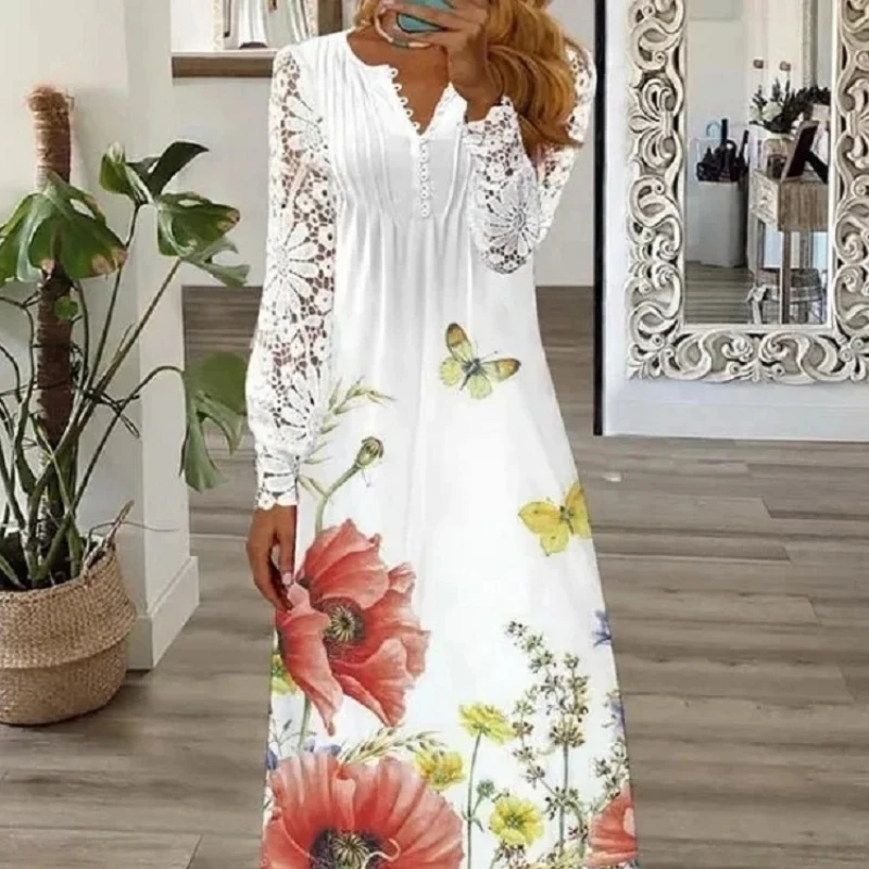 

2023 Spring Flower Printed Dress Fashion V-neck A-line Lace Long Dress Casual Hollow Out Long Sleeve White Dress Vestidos 25698