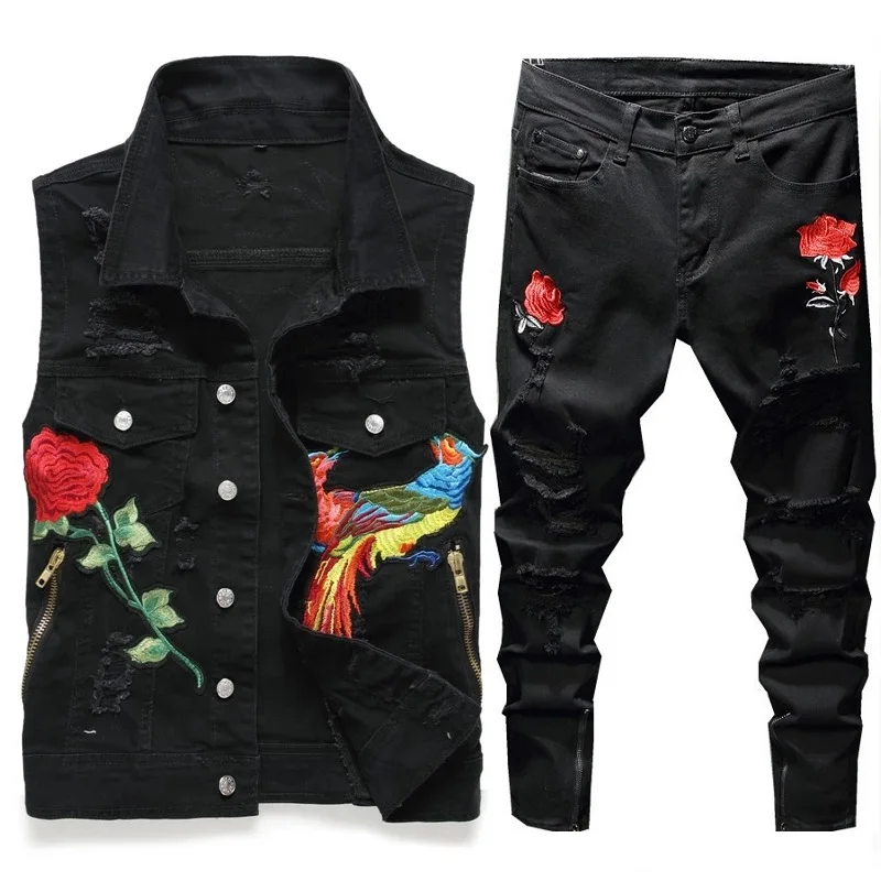 

New Men Black Sets Fashion Spring Embroidered Phoenix Flower Hole Distressed Suit Denim Vests +Pants Mens Clothing 2 Pieces Sets