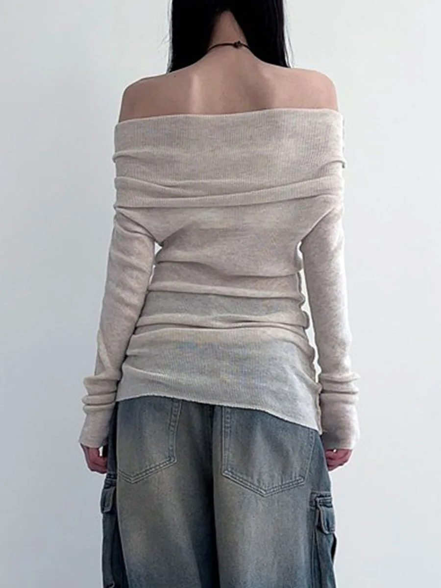

Women Y2K Knitwear Long Sleeve Tops Solid Color Basic Off-Shoulder Shirt Casual Pullover For Fall Club Streetwear