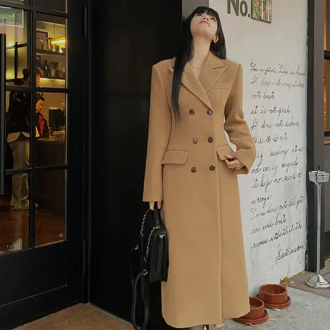 Новинка Осень-зима 2023 модное и элегантное шерстяное двубортное пальто средней длины со складками и воротником во французском стиле