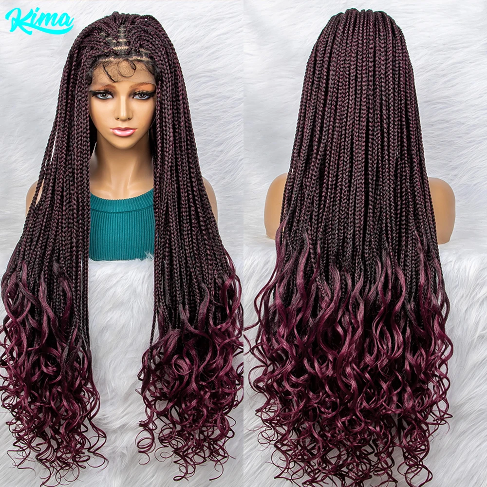 36 inch Burgundy 99J Color Synthetic Lace Front Wig Braided Wigs With Baby Hair Braided Lace Front Wigs Water Wave Wavy Wigs