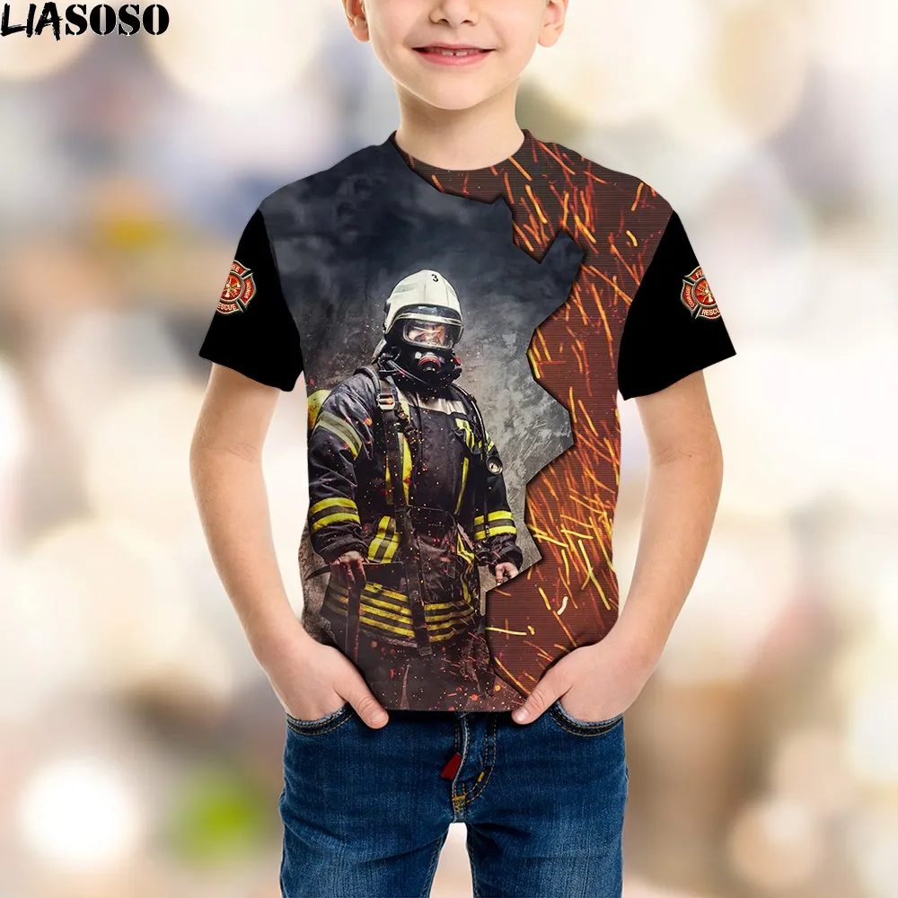 

LIASOSO Cartoon Funny T-shirt Kids Summer Tops Fireman Firefighter Baby Skin Friendly Short Sleeve Tshirt Children's Clothing