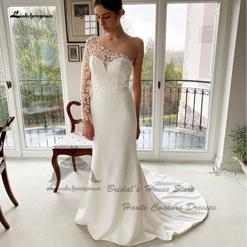 

Lakshmigown скромные Женские атласные свадебные платья-русалки 2023 платье для невесты в стиле бохо кружевные свадебные платья на одно плечо