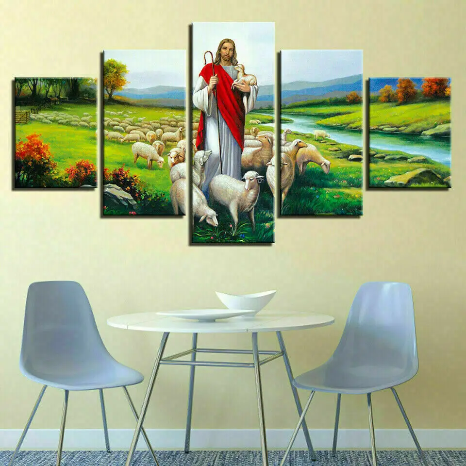

Jesus God Shepherd Flock Sheep 5 Piece Canvas Print Wall Art Poster Home Decor 5 Panel HD Print No Framed Pictures Room Decor