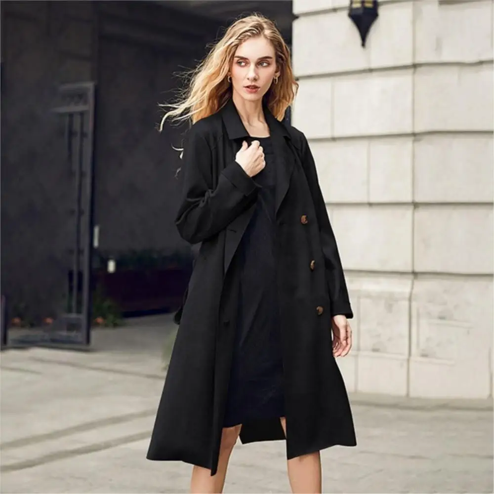 Women Winter Real Suede double-breasted Coat With Belted Pure Color Fashion Long Windbreaker Leisure Lapel Loose Jacket