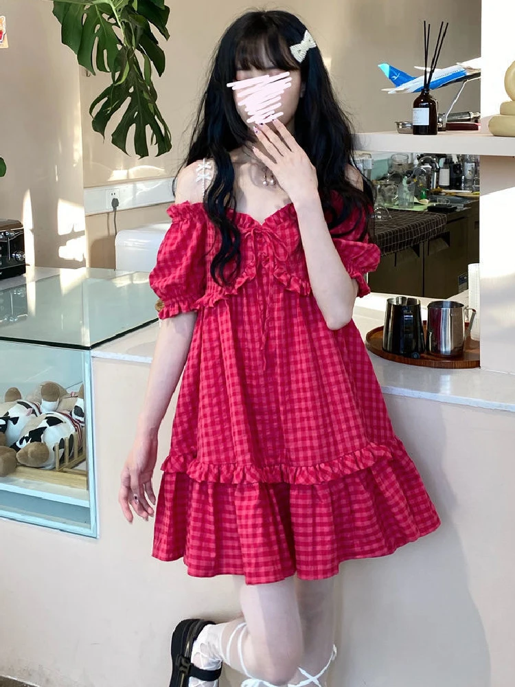 

Мини-платье женское клетчатое с открытыми плечами и пышными рукавами