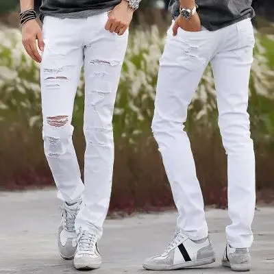 Мужские рваные джинсы с дырками белые облегающие от известного дизайнера модель