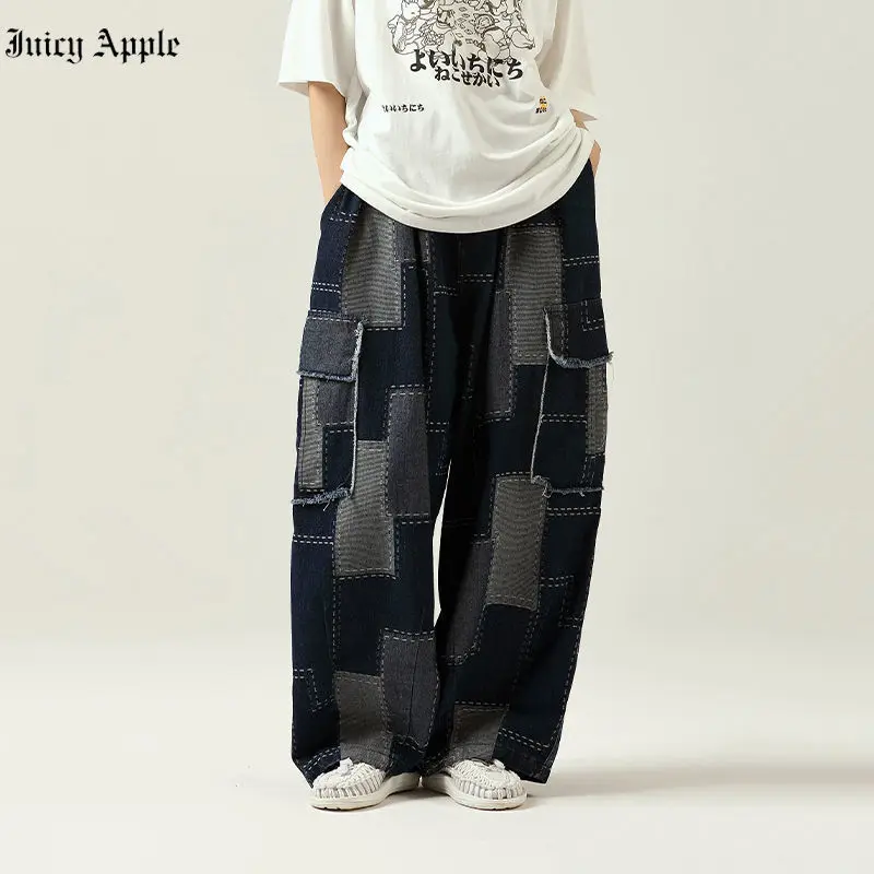 

Juicy Apple Streetwear Spliced Jeans Cargo Pants Women Harajuku Loose Wide Leg Denim Straight Trousers Vintage Fashion Unisex