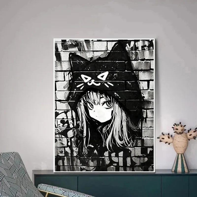 Аниме Кошка Девушка Граффити Стиль Плакат Холст Принт Настенное Искусство Для