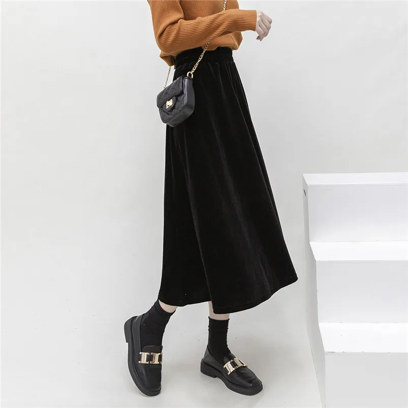 

Winter Women Velvet Long Skirts 2022 Autumn Winter Warm Skirts High Elastic Waist A-Line Loose Brand Skirts Fashion Vestidos