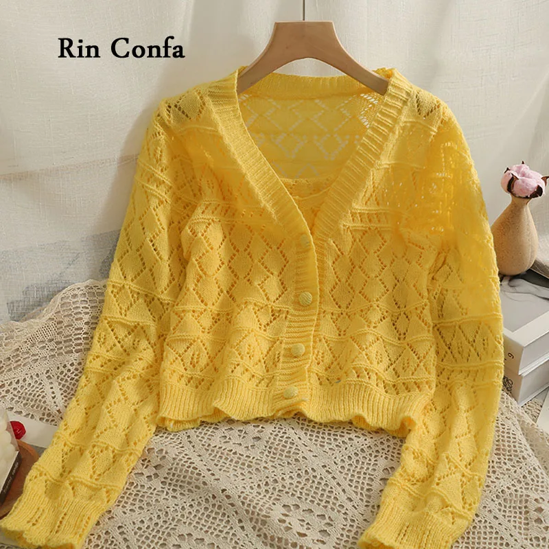 Rin Confa Inside Solid Thin Knitted Versatile Casual Sweater Women  New Spring Summer Long Sleeve Cardigan Set Suspender Ves