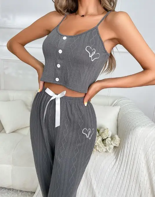 

Two Piece Set for Women 2023 New Comfortablev Heart Print Buttoned Cable Textured Cami Set Loungewear Casual Pajamas Suit