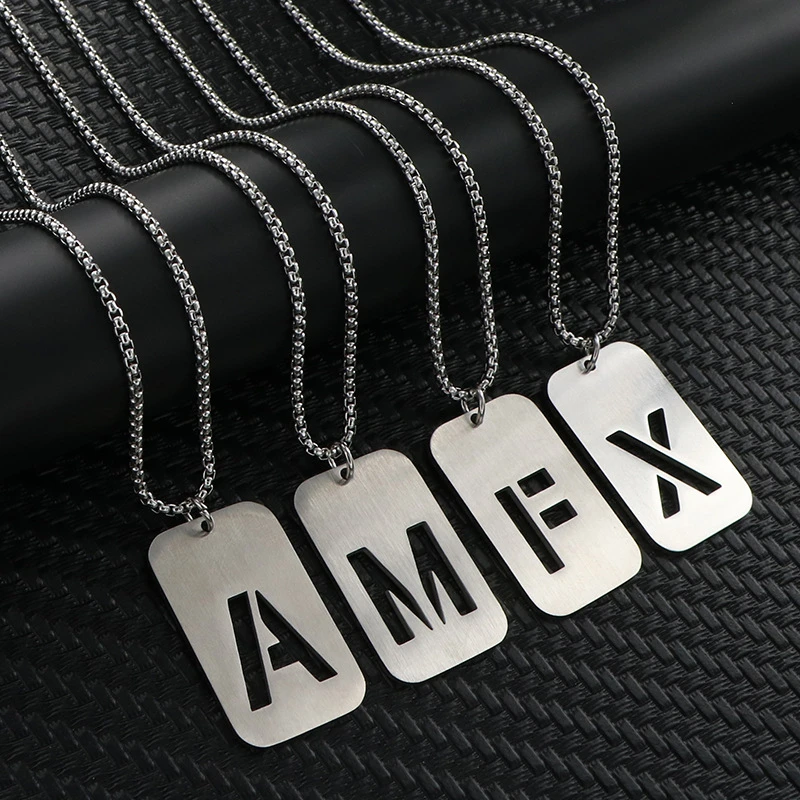 Letter Hollow Necklace Men's and Women's Hip Hop Accessories Rectangle Stainless Steel Smooth Military Brand Pendant Necklace