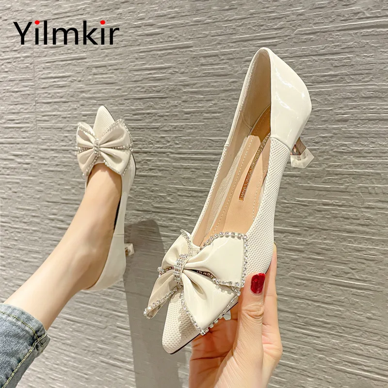 

Fashion Crystal Women Bow Pointed Toe Business Professional Office Popular High Heels All Match Elegant Wedding Ladies Shoes