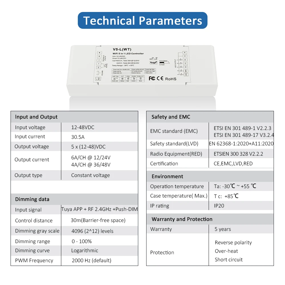 Фото Светодиодная лента Skydance V5-L(WT) 12-48VDC 5CH * 6A WiFi & RF 5 в 1 CCT RGB RGBW RGBCCT, контроллер управления светодиодной лентой, приложение Google Home Alexa №2