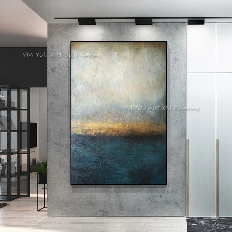 100% ручная работа Абстрактная живопись большого размера современное синее