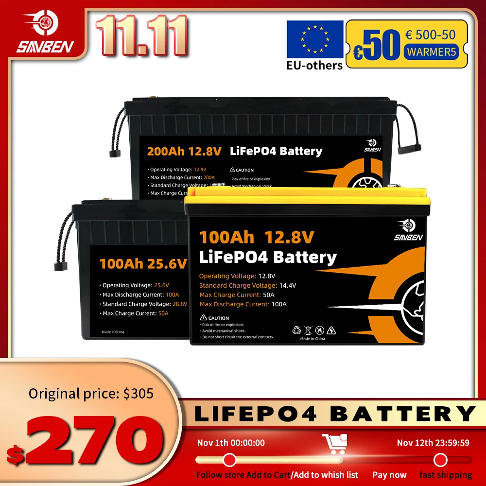 

LiFePO4 Battery Pack 12V 24V 100AH 200AH Lithium Iron Phosphate Rechargeable Battery Built-in BMS for EV RV Boats Motor Forklift