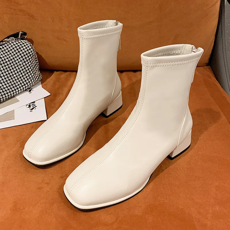 

Elastic Socks Boots Fashion Ankle Boots Women High Heel Thicks Heel Square Toe Short Boots Women Retro 2022 New Ladies Shoes