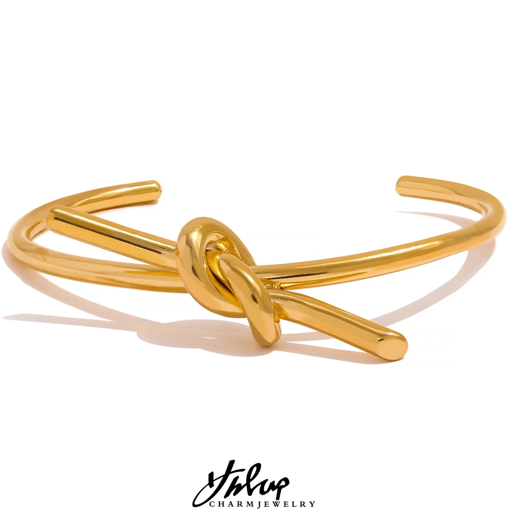 

Водонепроницаемый металлический большой Браслет-манжета Yhpup с узлом, браслет из нержавеющей стали с покрытием из 18-каратного золота, гладко...