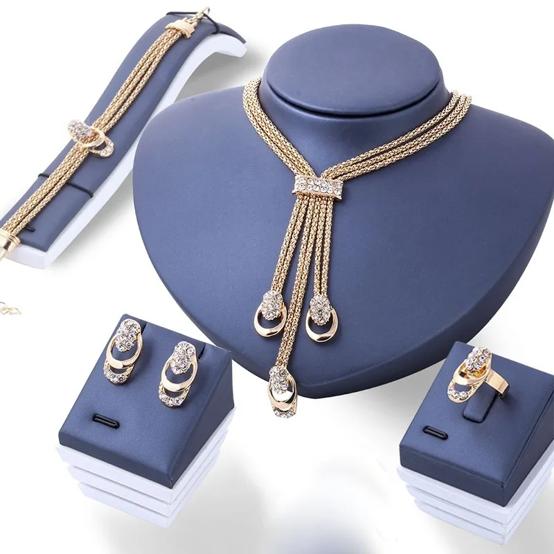 

4 Pcs/Set Luxury Women's Jewelry Set Gold Plated Crystal Zircon Metal Chain Necklace Bracelet Earring Ring for Bride