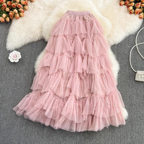 Neploe Gauze Fluffy Woman Skirt Mid-length Temperament Elastic Waist Skrits Womens Solid Color Irregular Fairy Mujer Faldas