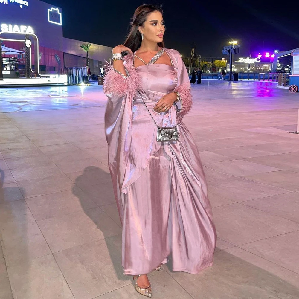 MD 2023 Spring Dubai Luxury Abayas For Women Ensemble Femme Musulmane Feather Silk Dress Muslim Sets Wedding Party Gown Clothing