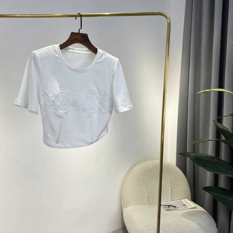 

Женская футболка с коротким рукавом, белая футболка составного кроя с вышивкой и кружевом, лето 2022