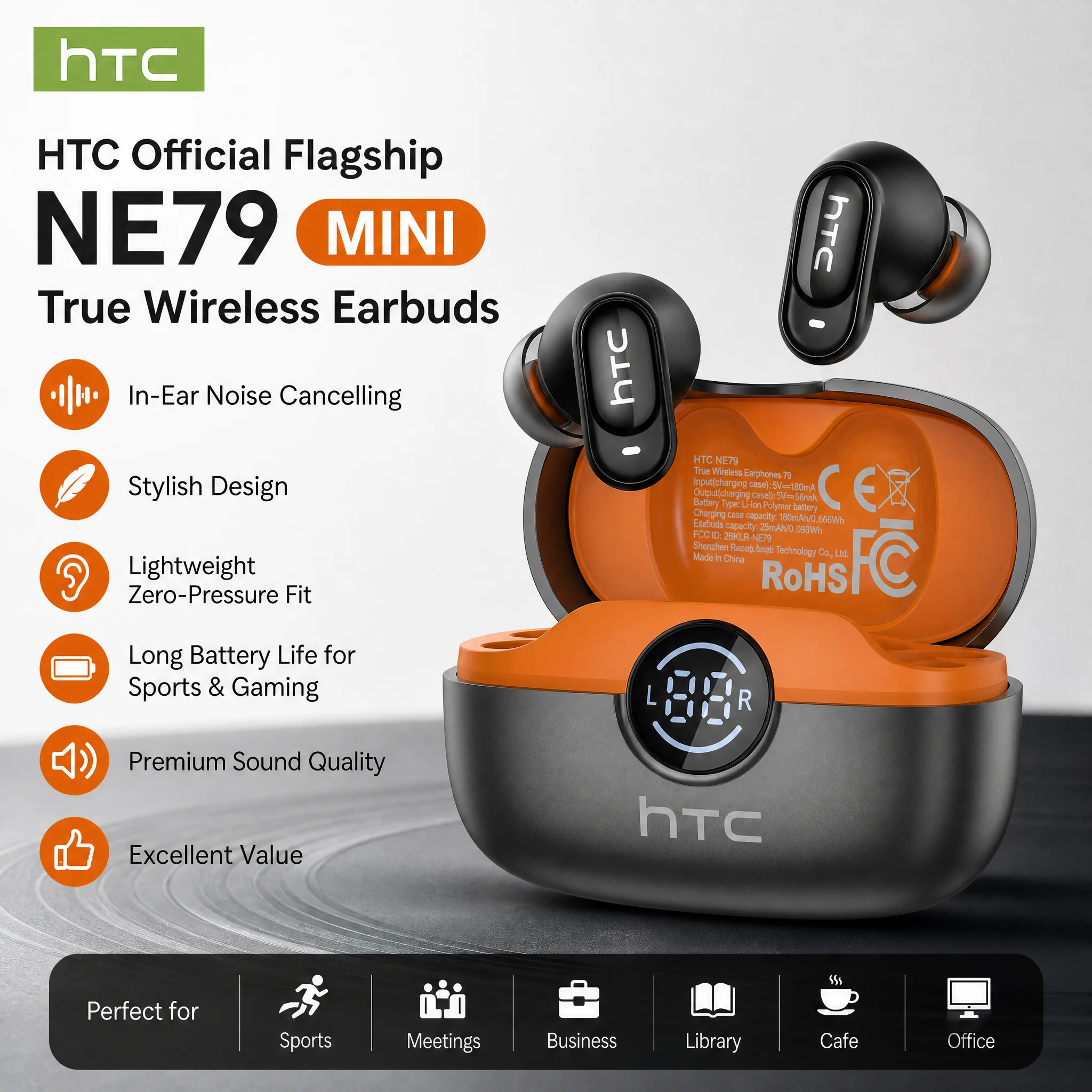 Фото Bluetooth-наушники HTC NE79, спортивные игровые беспроводные наушники с длительным временем автономной работы, комфортные беспроводные наушники, премиум-качество звука, мягкие наушники-вкладыши №3