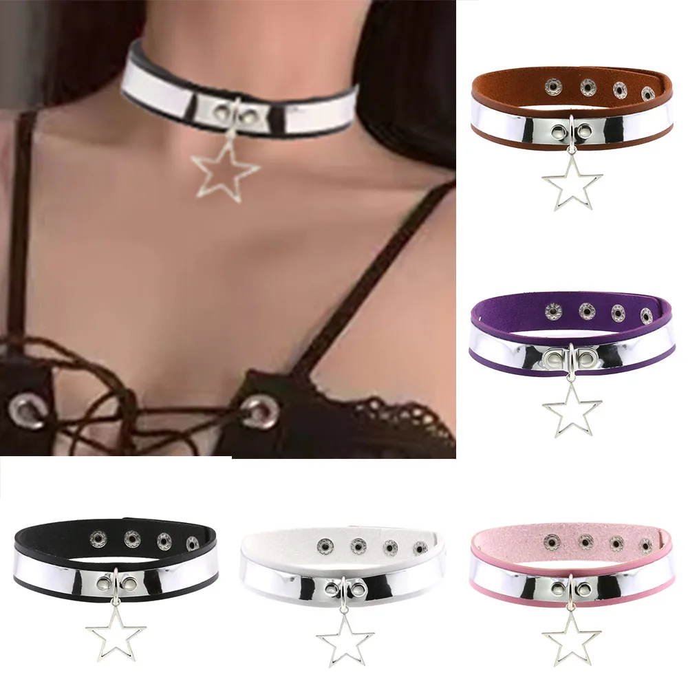 

Gothic Star Pendant Leather Choker Collar Adjustable Collarbone Silver Sequin Inlay Necklaces for Women Kpop Goth Egirl Jewelry