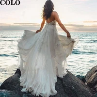 floral boho wedding dress spaghetti straps 2022 womens dresses puffy long chiffon beach bridal wedding gowns open back