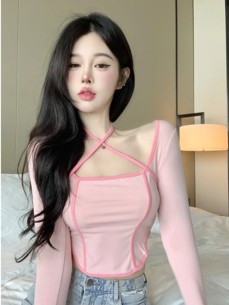 

Женская футболка с длинным рукавом, круглым вырезом и высокой талией